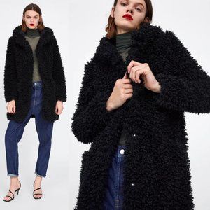 NEW Zara Black Hooded Soft Faux Shaggy Fur Oversize Teddy Jacket Long Coat $89